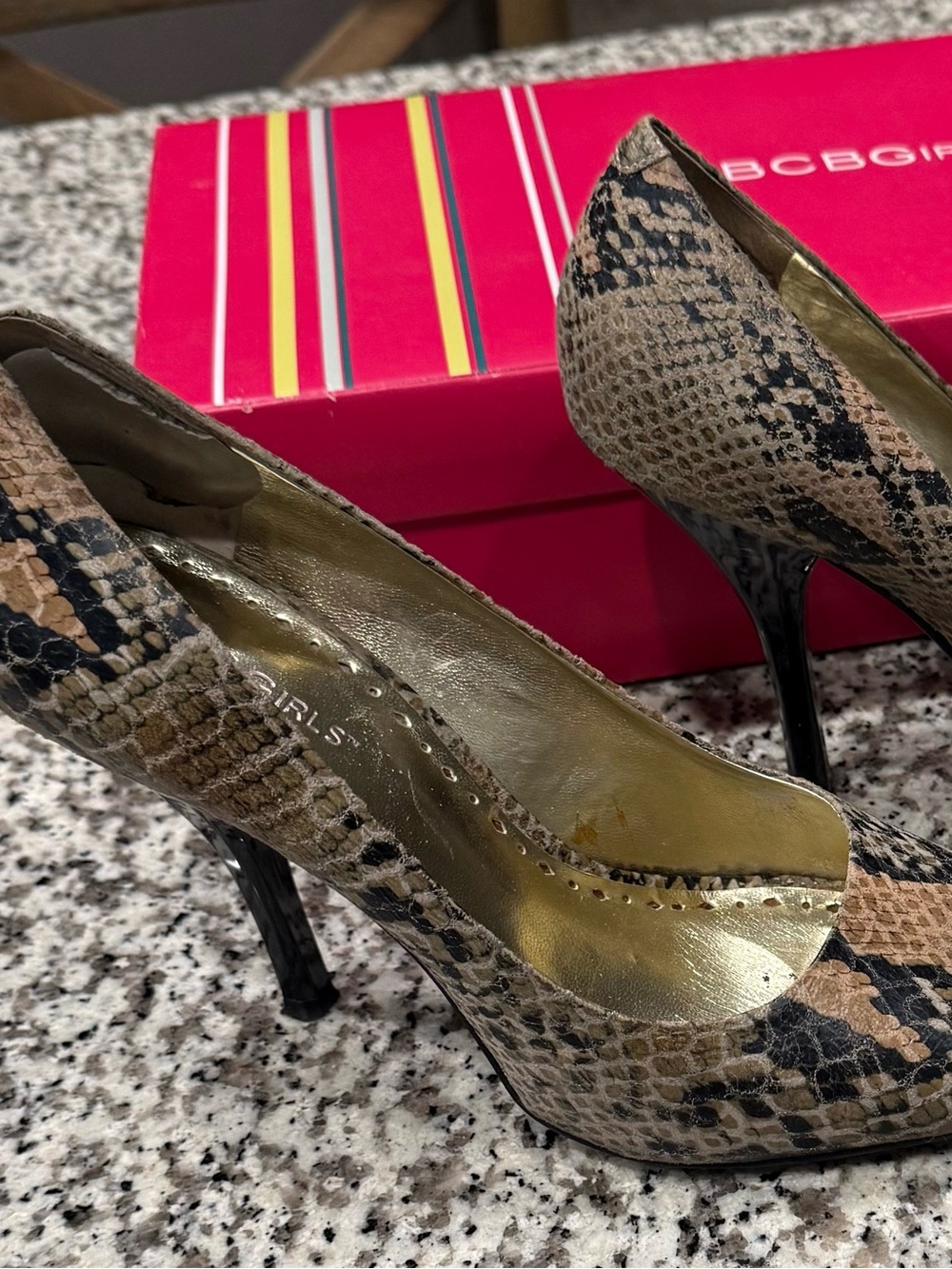 BCBGirls Snake-Print Stiletto Pumps in Brown and Black